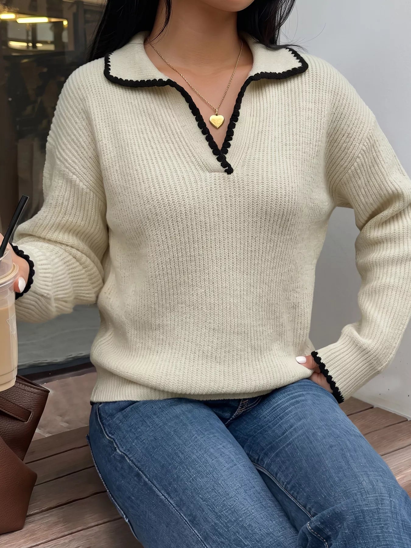 Trendsi Contrast Trim Dropped Shoulder Sweater -