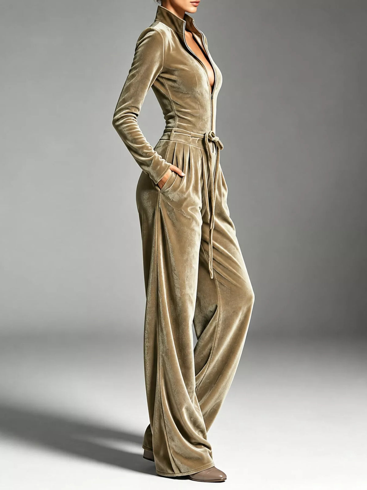 Beige velvet zip up jumpsuit with tie waist, side view