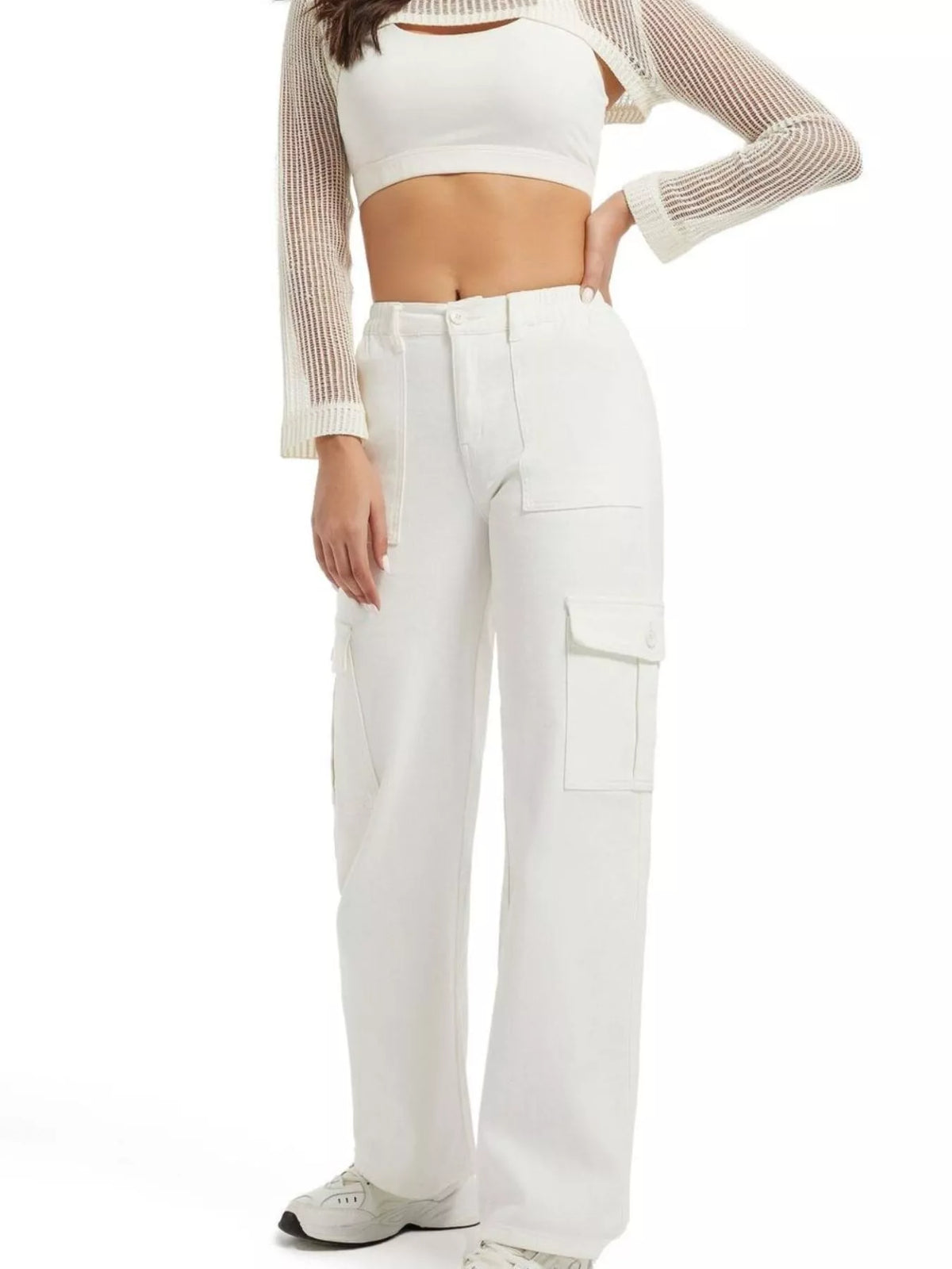 White wide-leg cargo jeans, front view with hand at hip