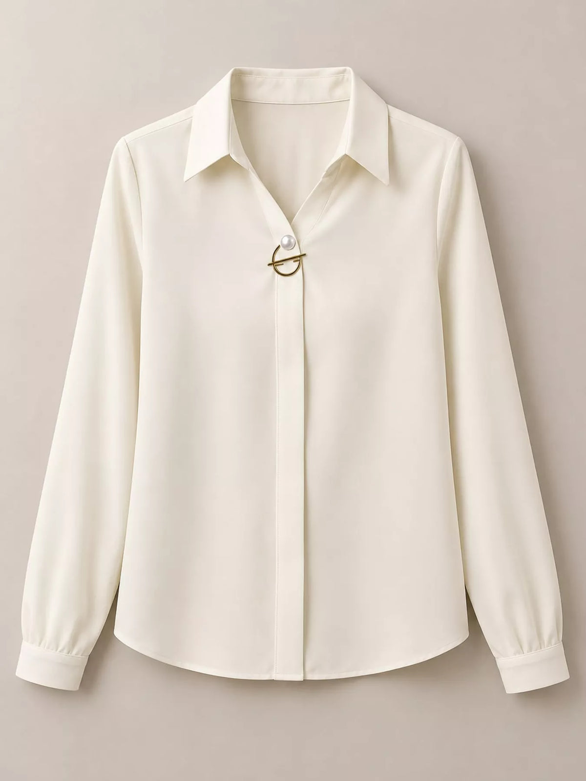 Women's Collared Clasp Detail Long Sleeve Satin Blouse in cream — flat lay view