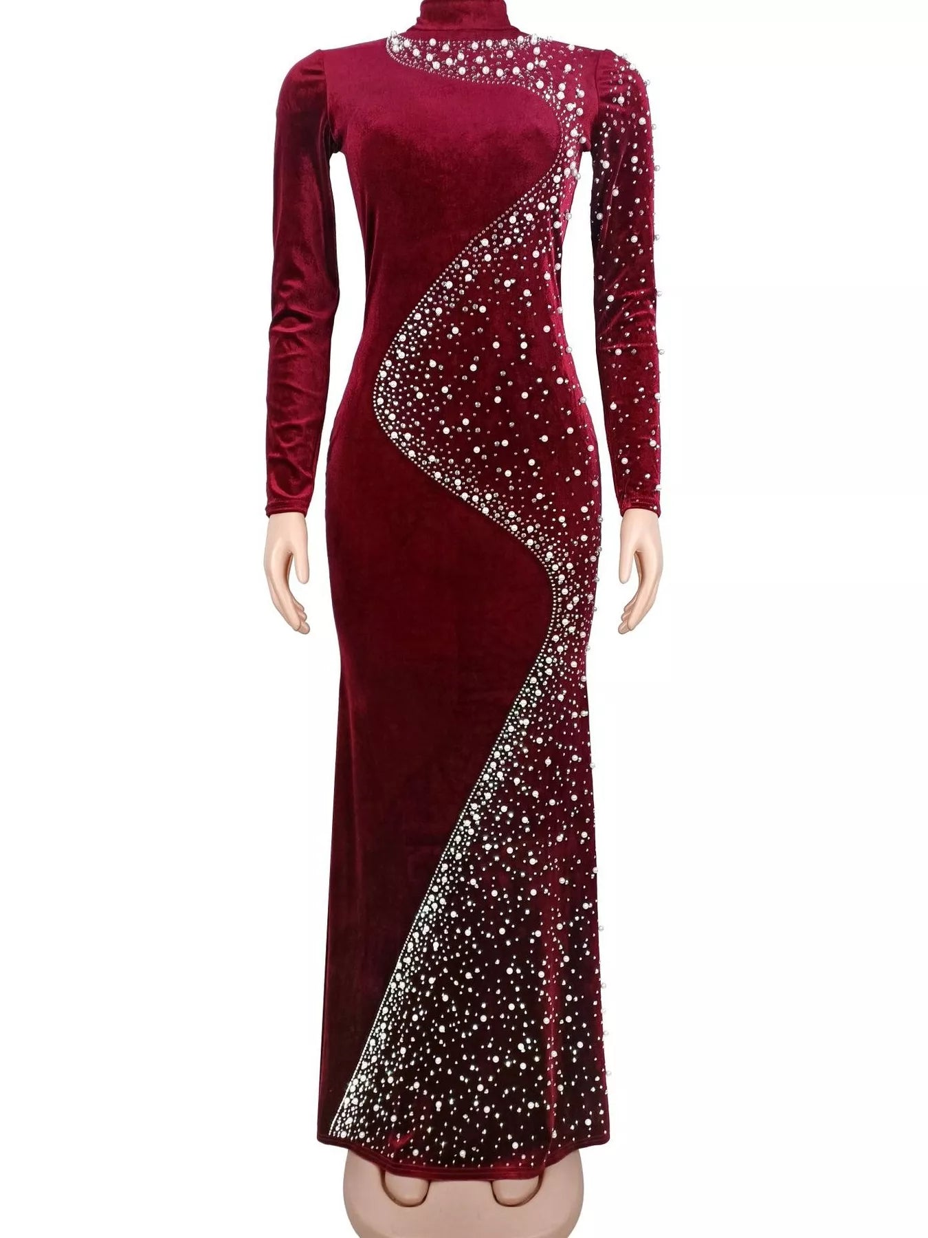 Trendsi Rhinestone Embellished Velvet Mermaid Evening Maxi Dress -
