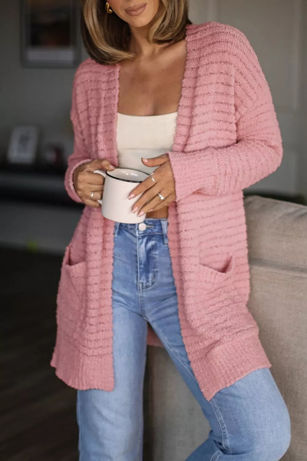 Trendsi Open Front Soft Fuzzy Ribbed Sweater Cardigan -