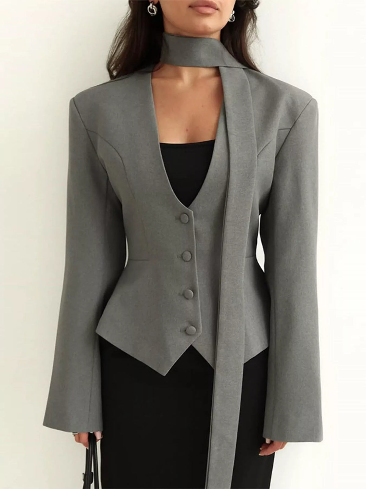long sleeve blazer, front view on model