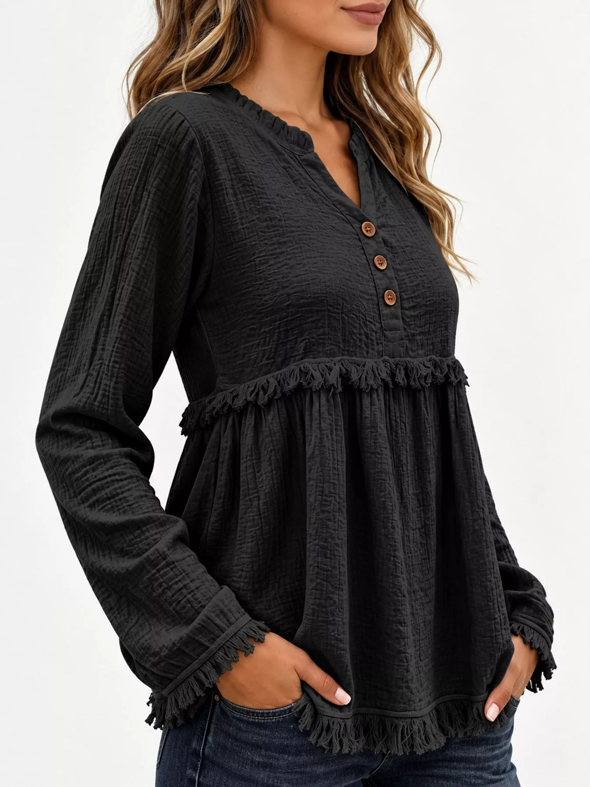 Frayed-hem blouse, black side
