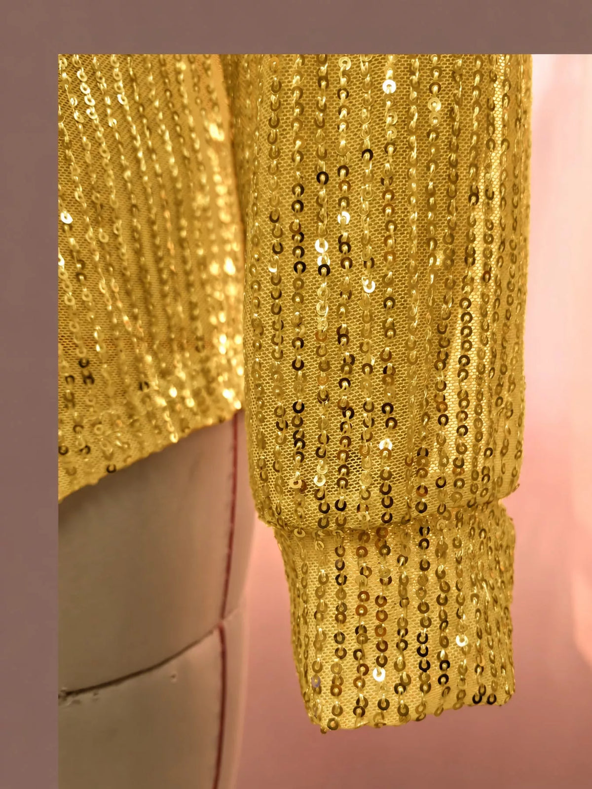 Gold sequin button up long sleeve shirt, detail view