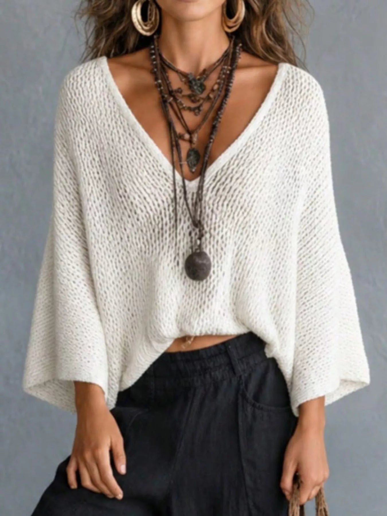 Trendsi V-Neck Batwing Sleeve Sweater -
