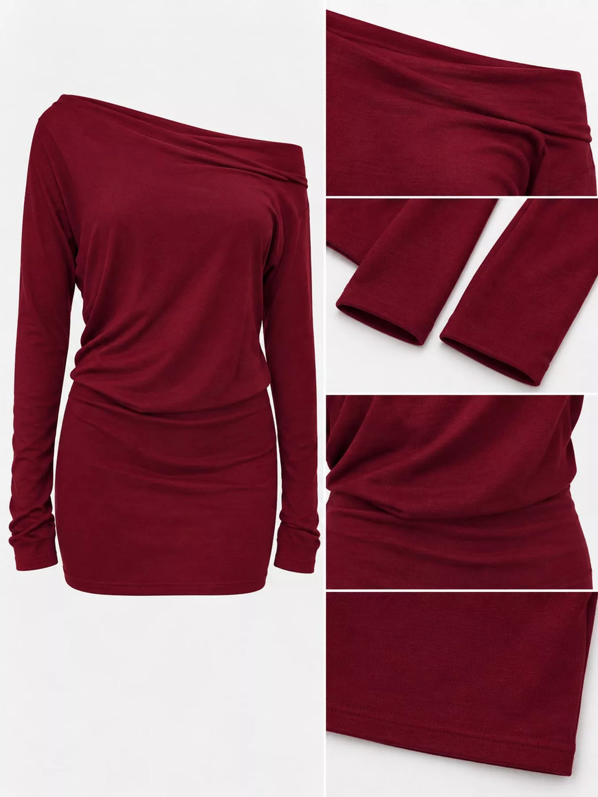 Women's One Shoulder Knit Mini Dress in burgundy — detail collage view