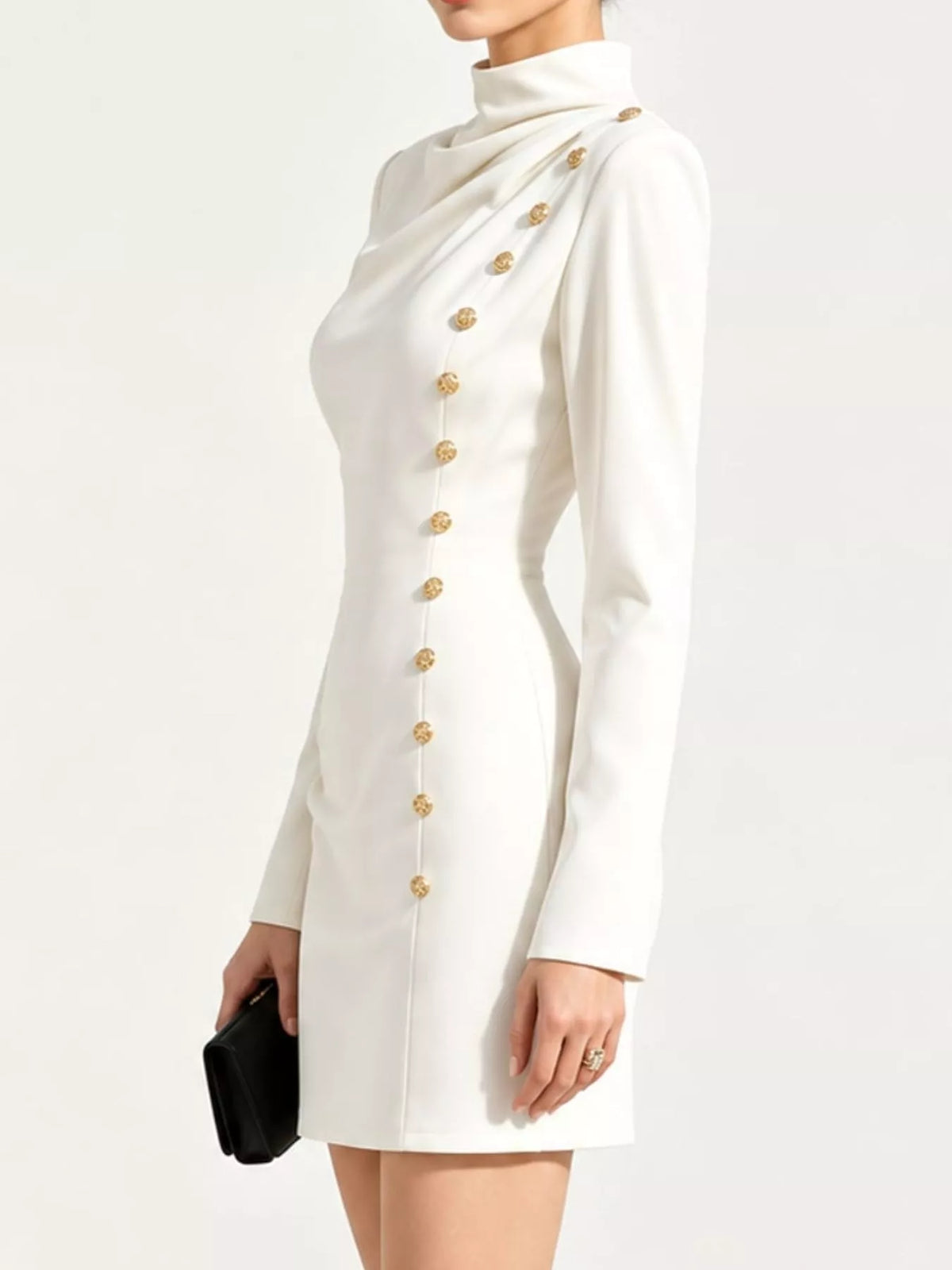 White decorative button mock neck mini dress, side view