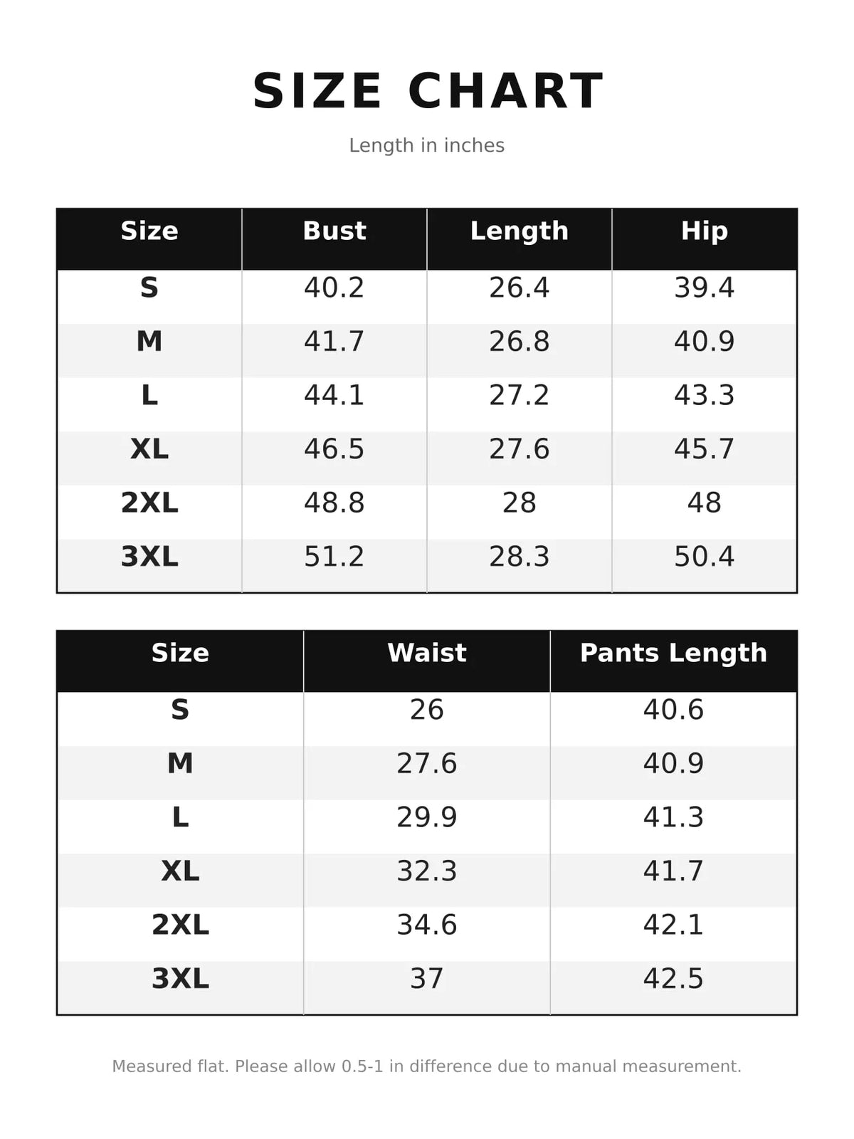Half Zip Long Sleeve Top and Pants Set — size and measurement chart