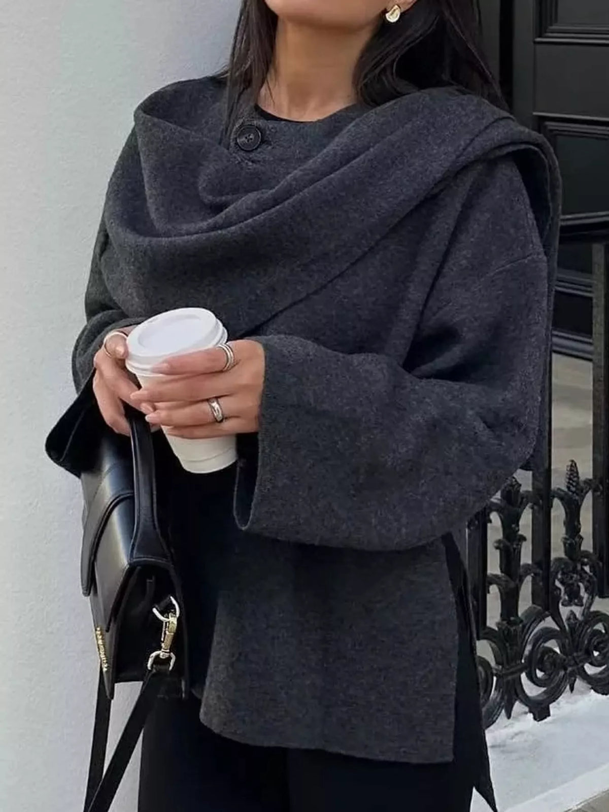 Oversized Drape-Front Knit Cardigan — front view