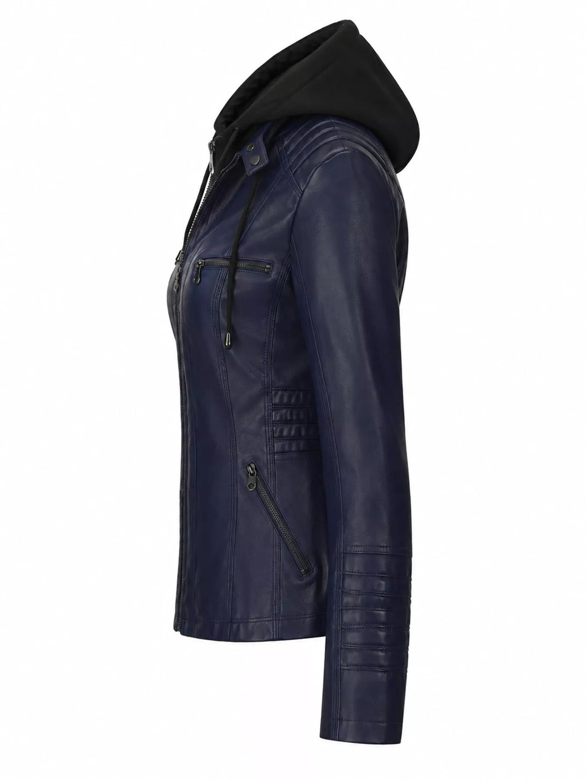 Hooded faux-leather jacket, navy side