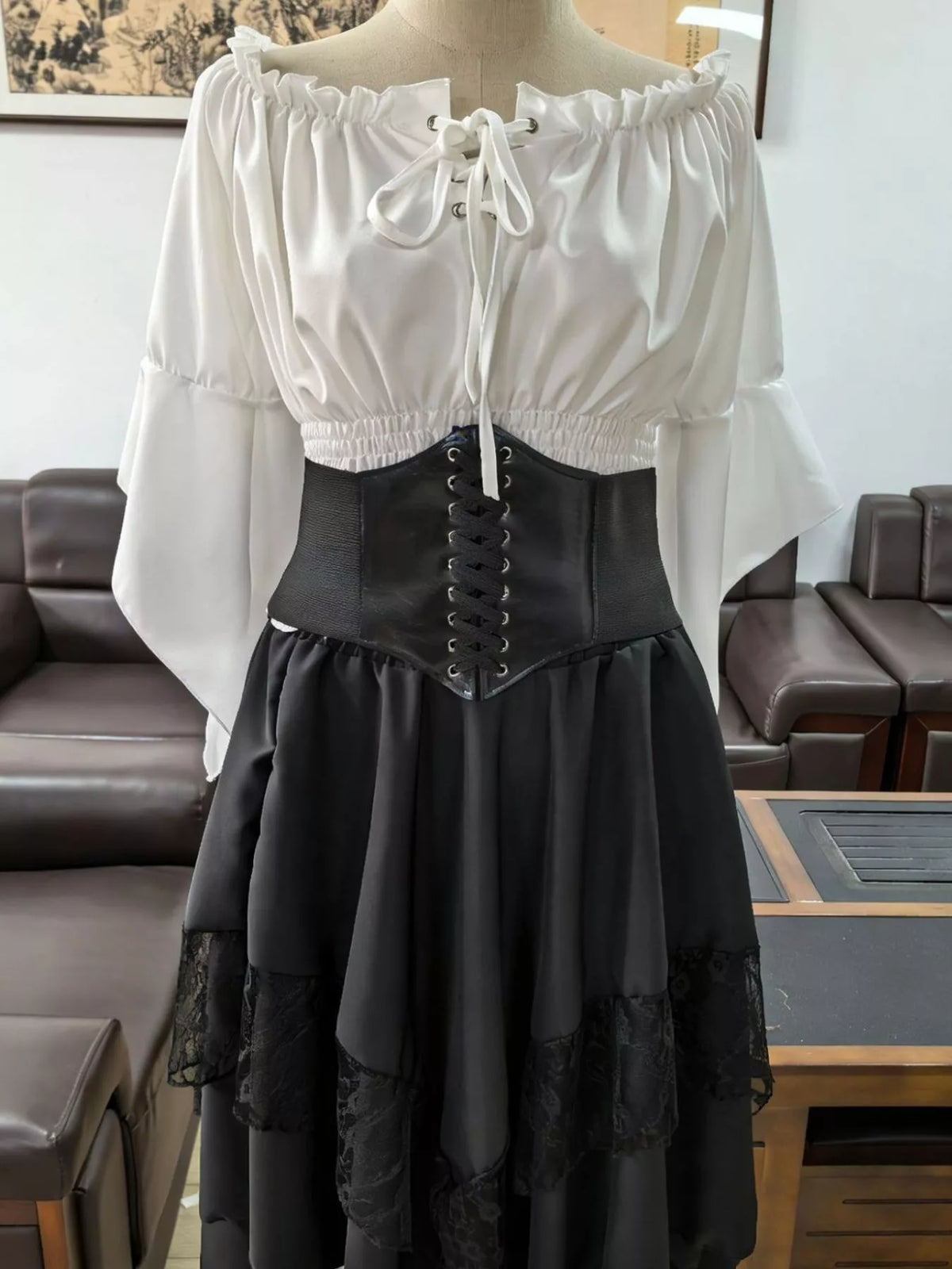 Black skirt and white top off-shoulder top, waist band and skirt set — design and construction details