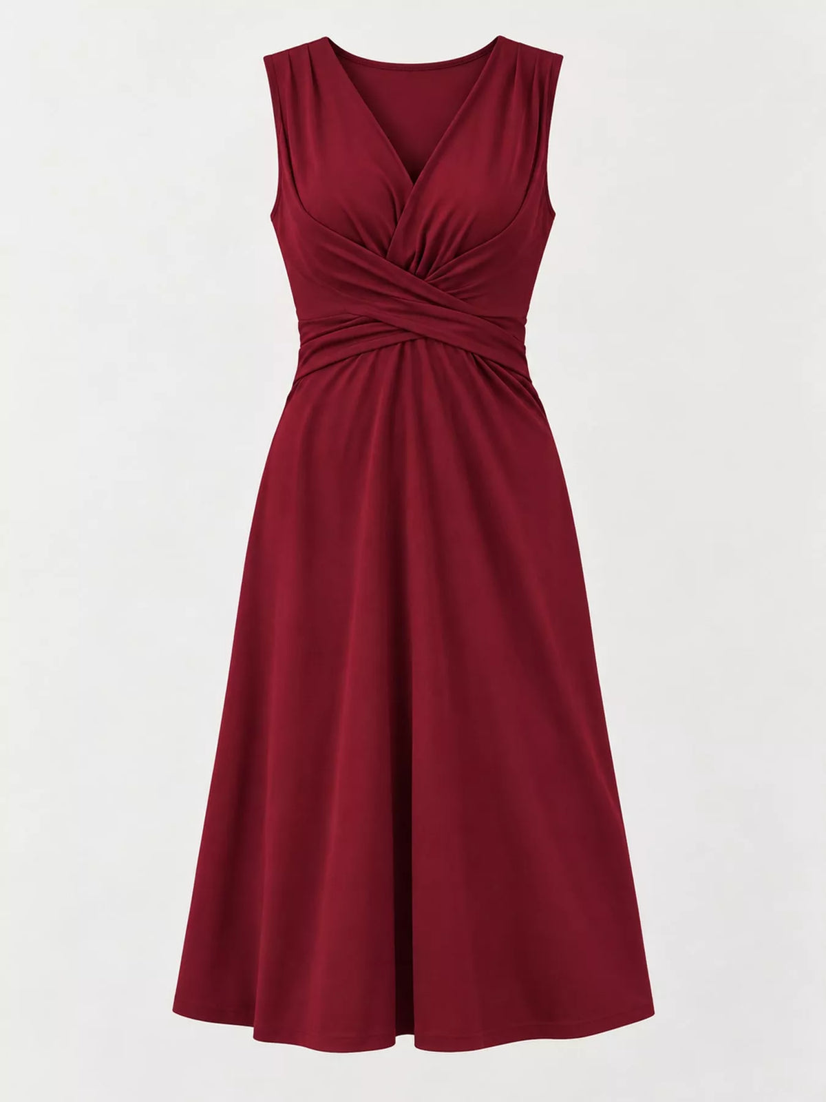 Burgundy sleeveless ruched-front midi dress, sleeveless product view