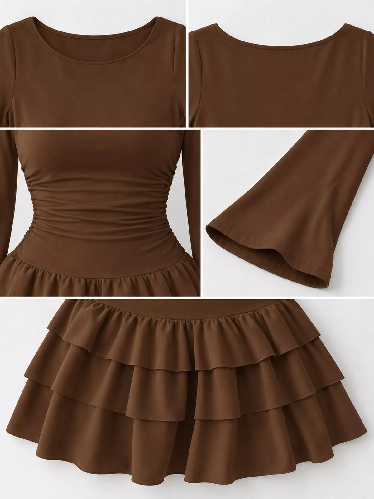Brown layered ruffle mini dress, neckline, ruched waist, bell sleeve, and tiered hem