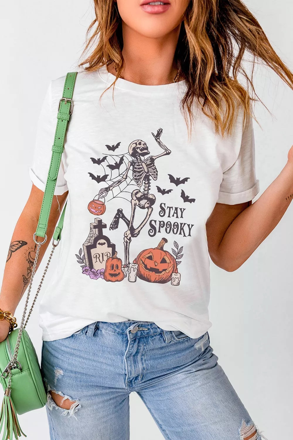 Trendsi Full Size Skull Pumpkin Face STAY SPOOKY Graphic Halloween T Shirt Plus Size -