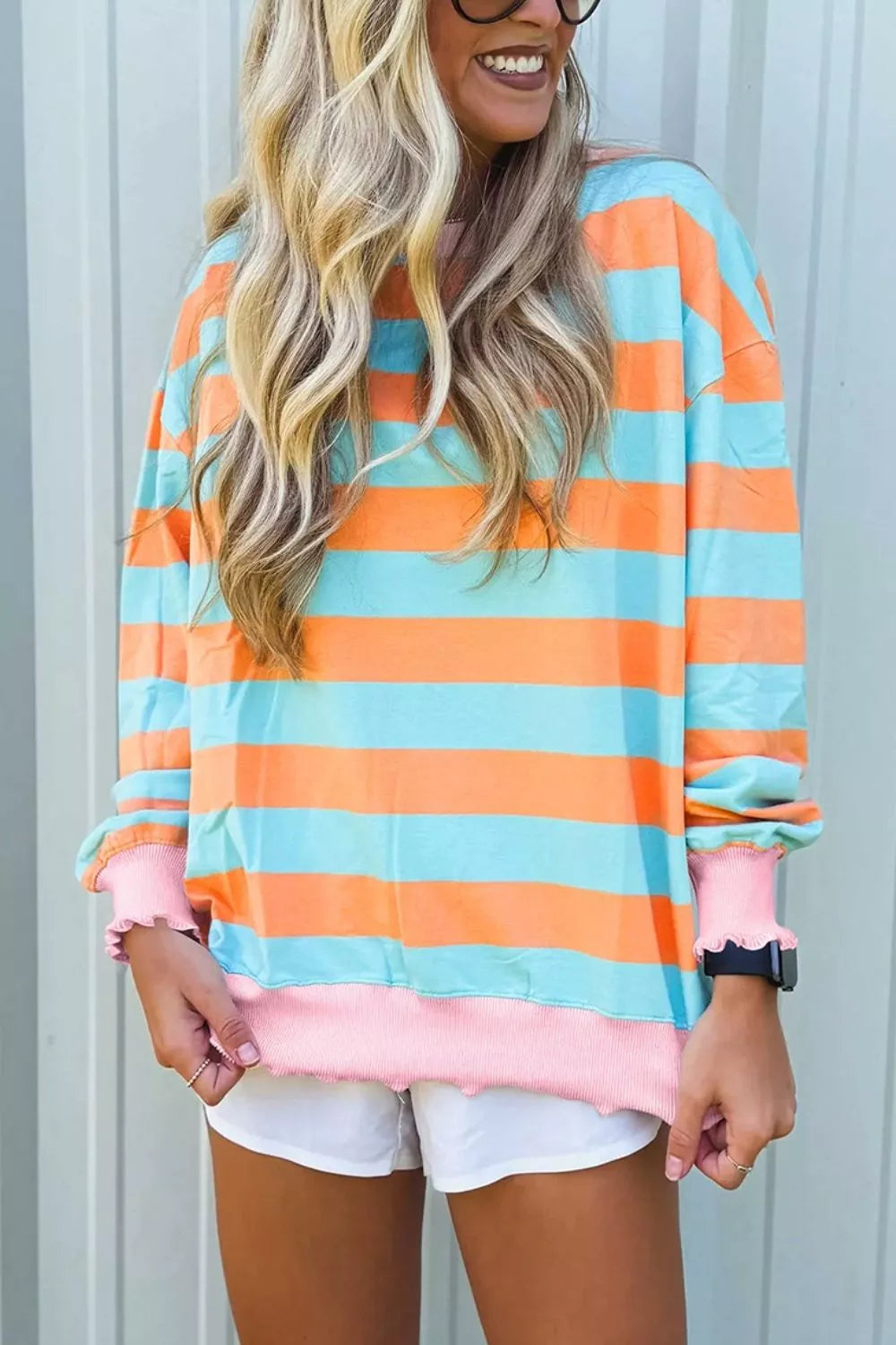 Trendsi Striped Long Sleeve Top with Lettuce-Edge Cuffs -