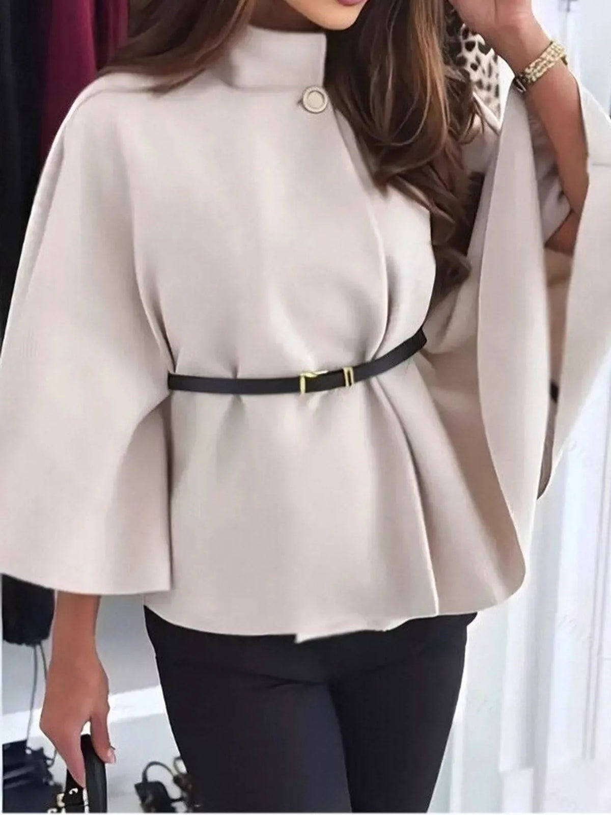 Belted Mock Neck Cape in cream, front view