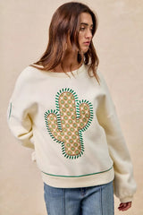 Trendsi BiBi Cactus Embroidered Fleece Sweatshirt -
