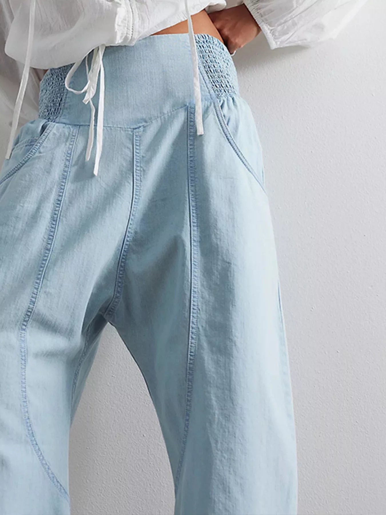 Trendsi Smocked High-Waisted Wide Leg Jeans -