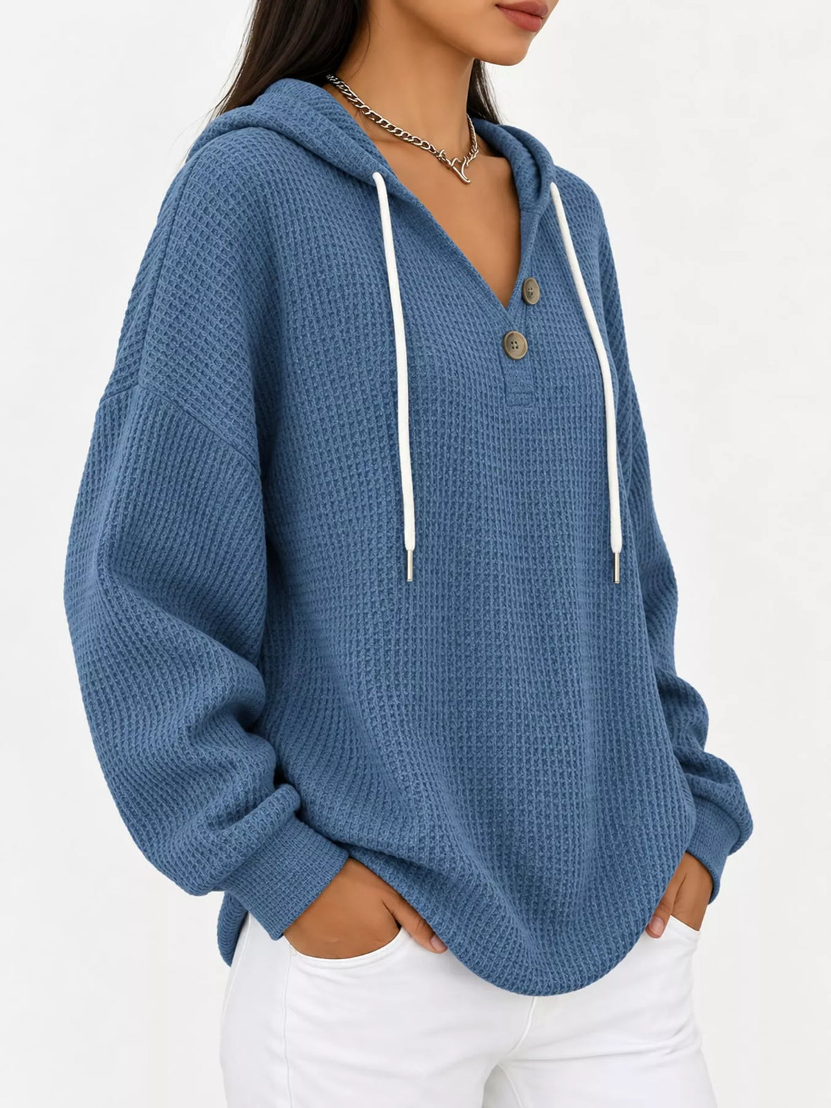 Waffle-knit hoodie, dusty blue side