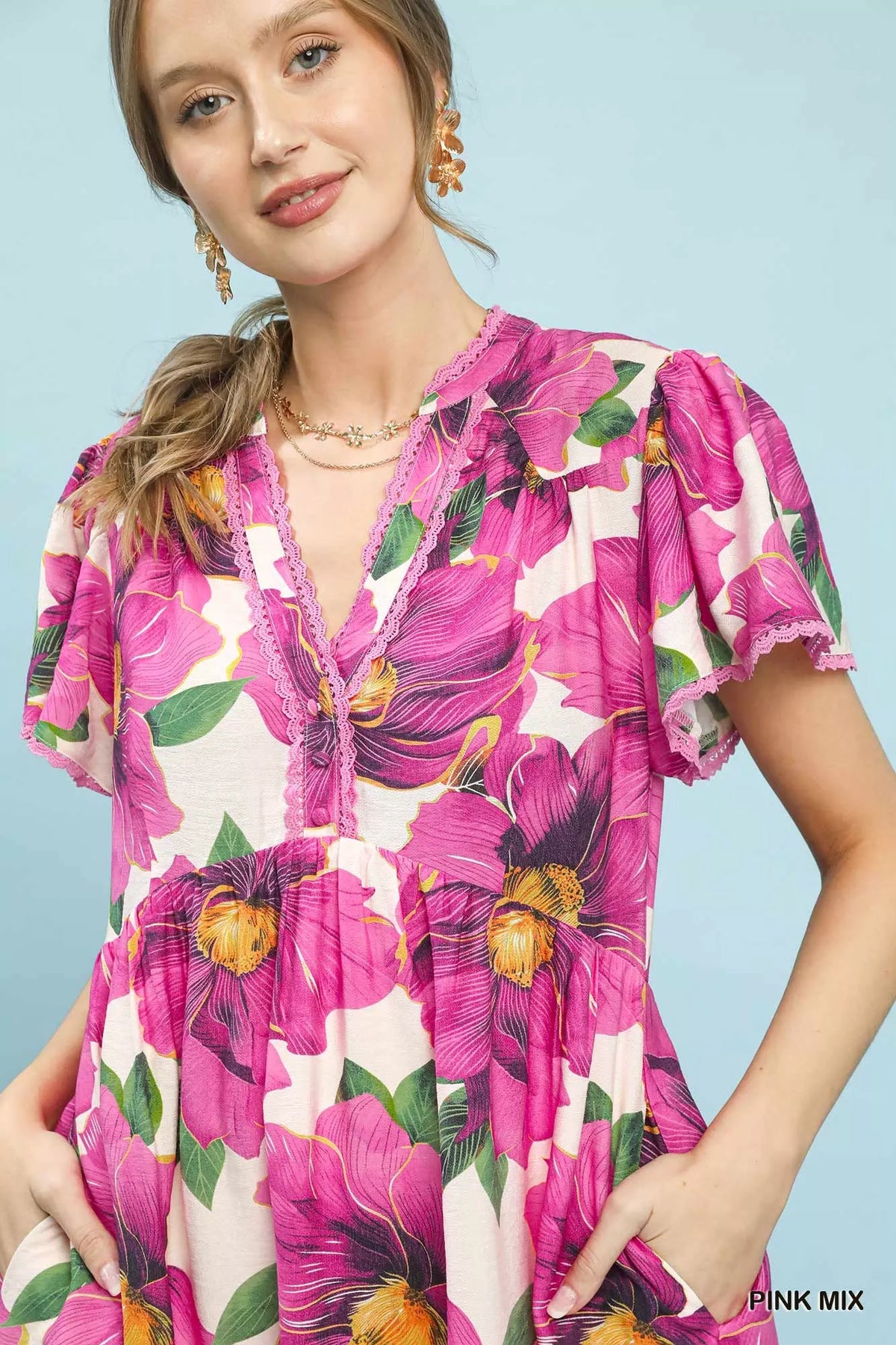 Women's Tropical Floral Flutter Sleeve Tiered Midi Dress — product view 4