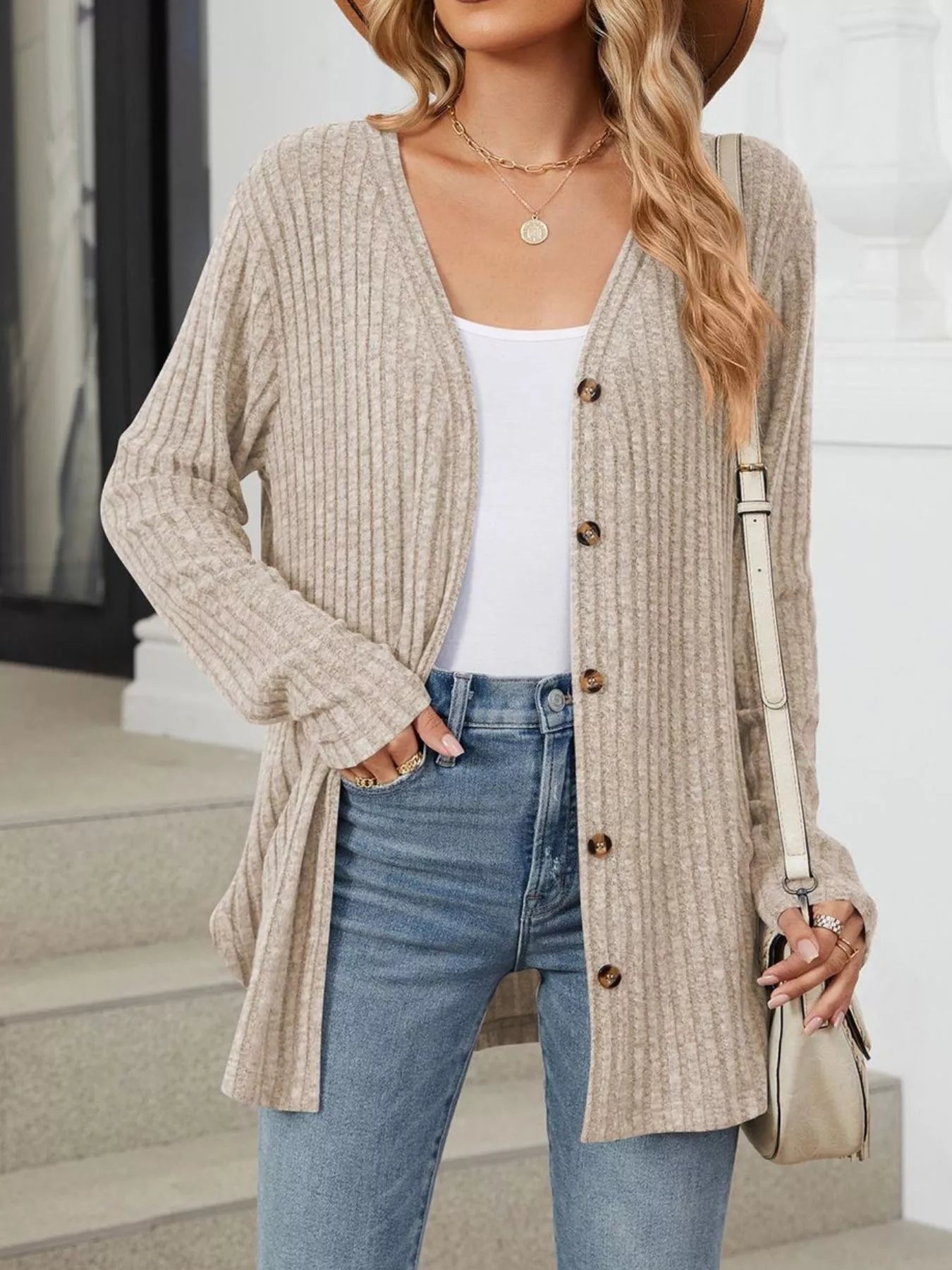 Trendsi Ribbed Button-Up Cardigan -