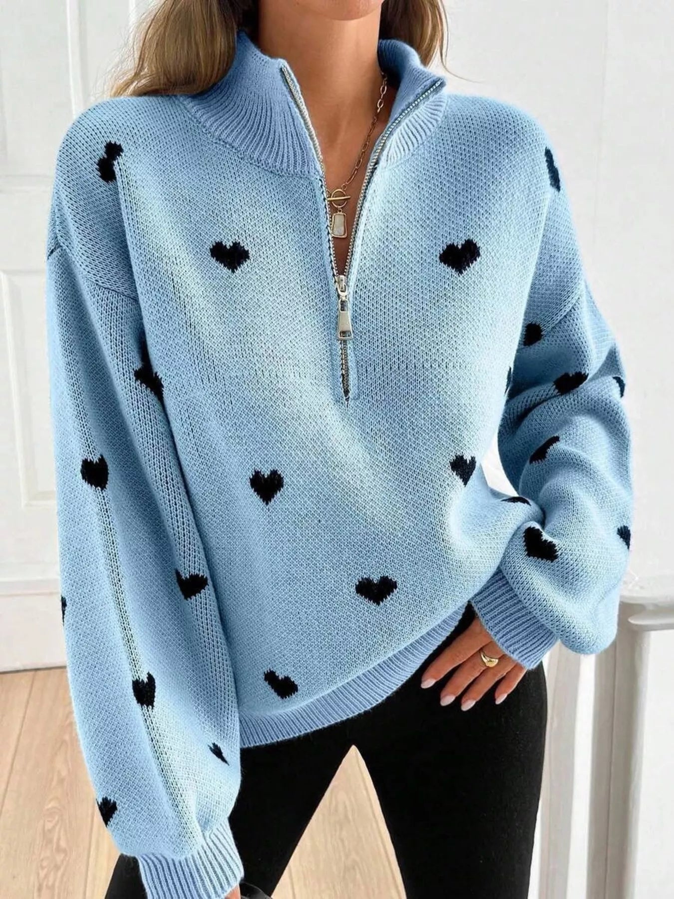 Trendsi Full Size Heart Half-Zip Long Sleeve Sweater Plus Size -