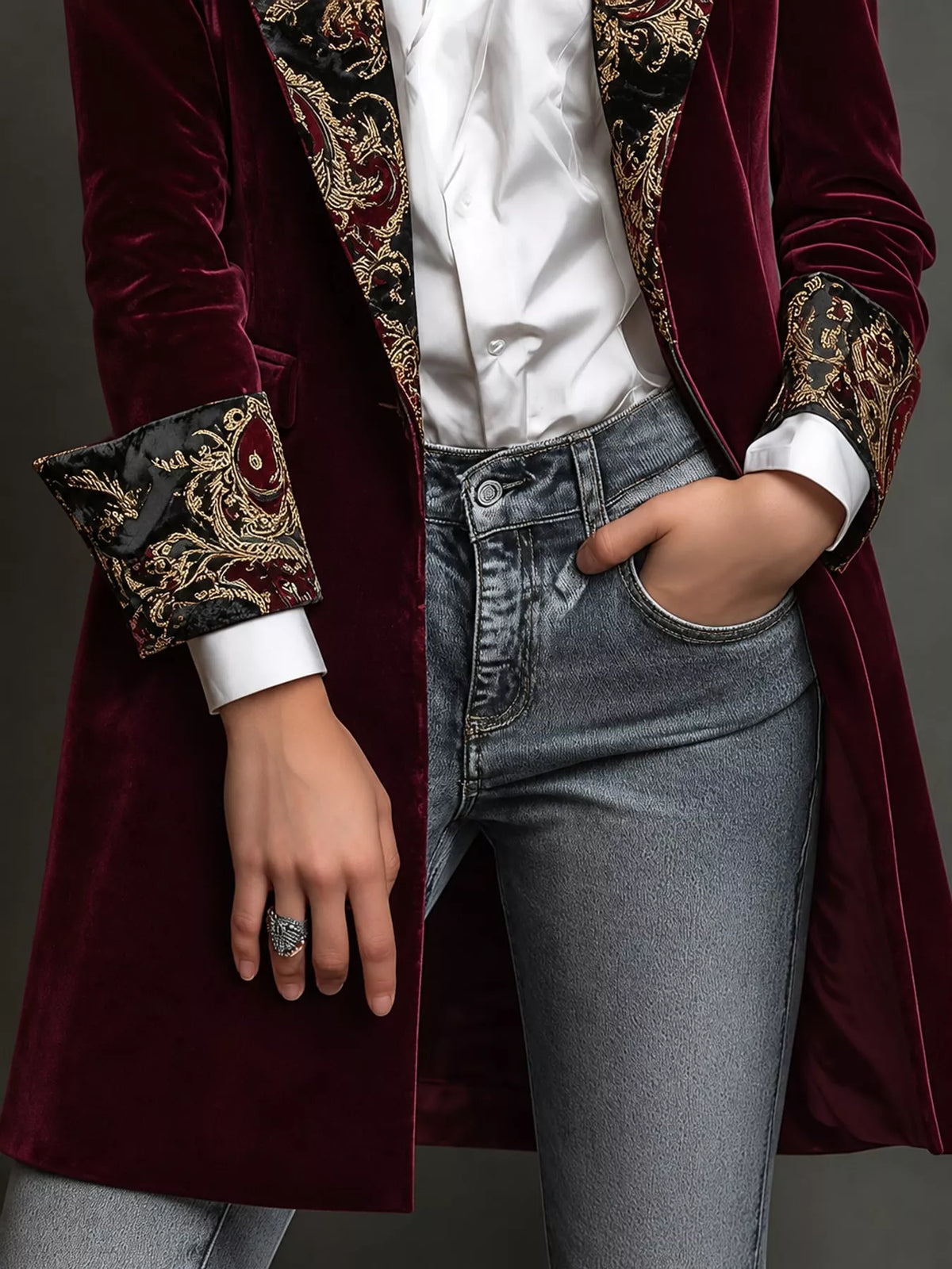 Burgundy (with Lining) floral lapels and cuffs velvet blazer