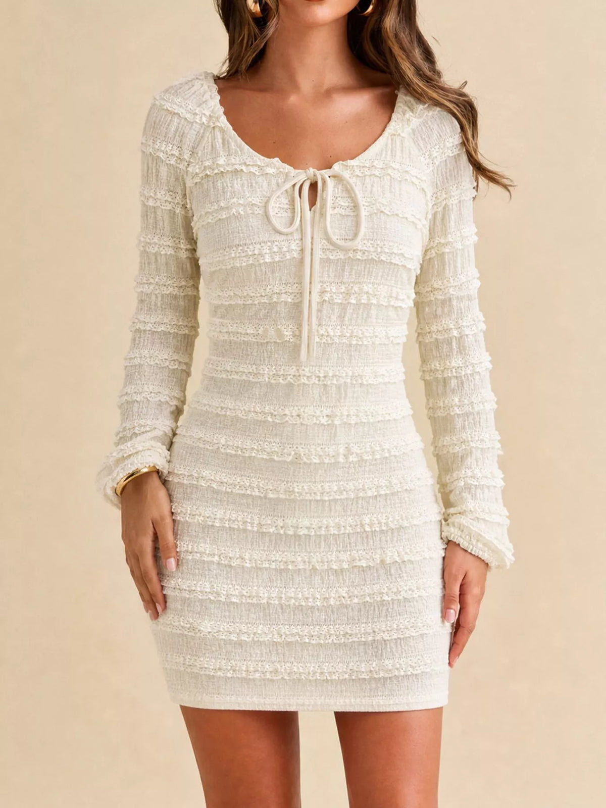 Textured Tie-Front Bodycon Mini Dress in Apricot