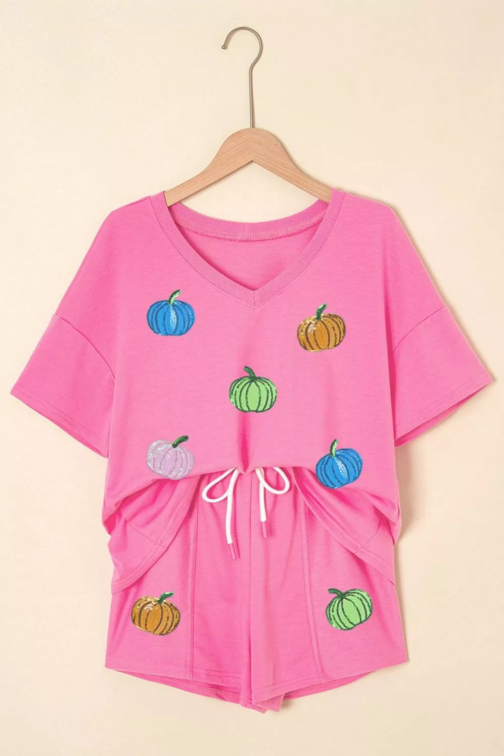 Trendsi Sequin Halloween Pumpkin Pattern V Neck Tee and Drawstring Bottoms Casual Set -