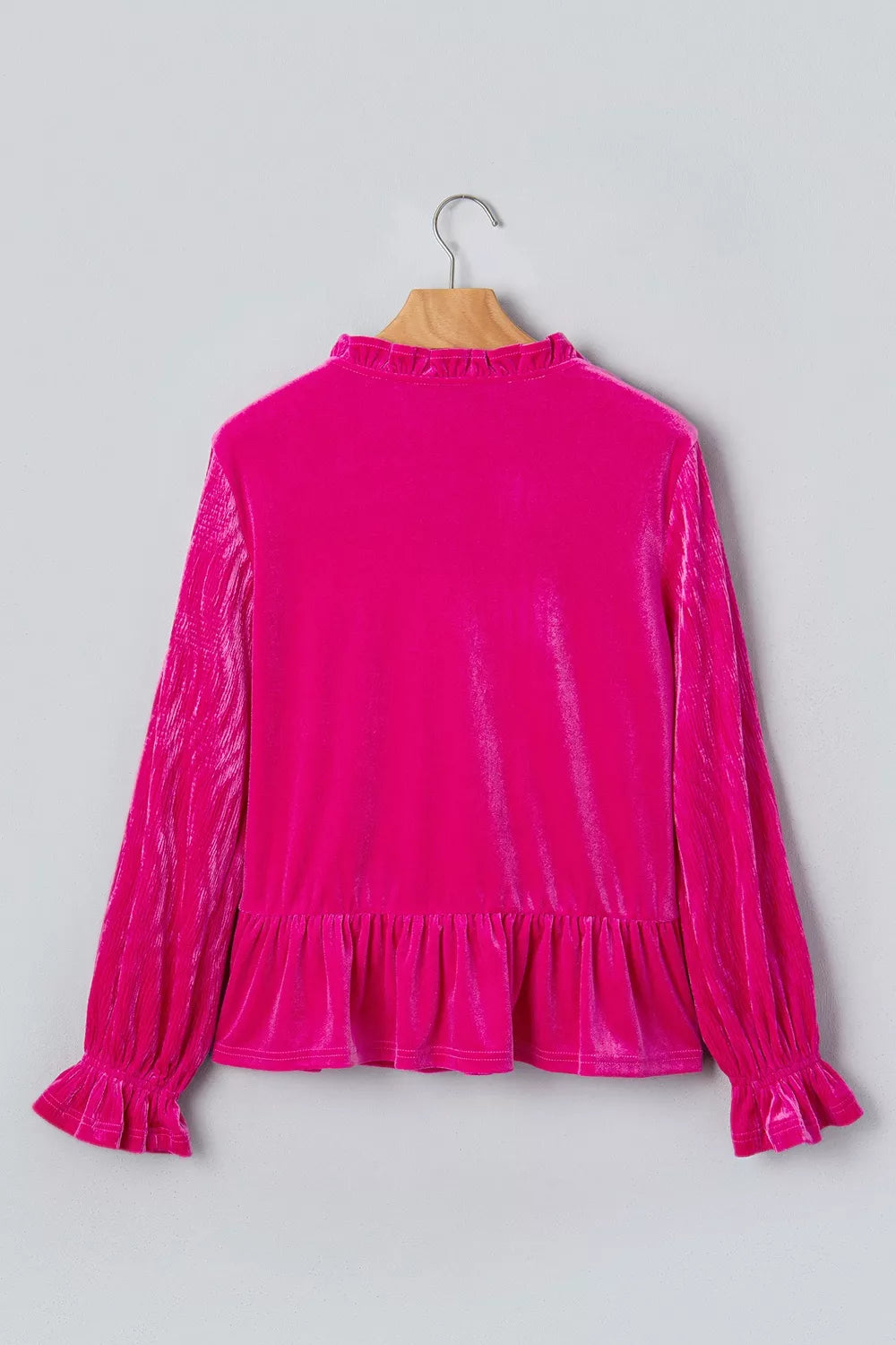 Trendsi V Neck Velvet Ruffled Cuffs Hem Long Sleeve Top -