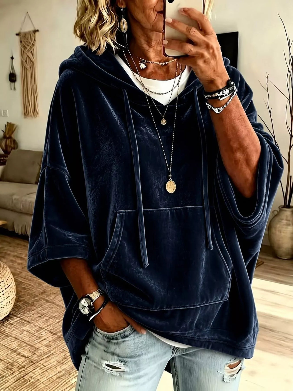 Navy velvet kangaroo pocket drawstring hoodie