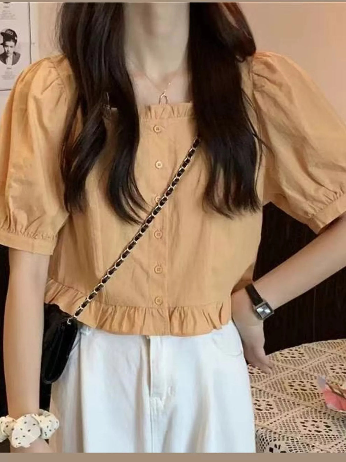 Ruffled Hem Button-Down Shirt — front view