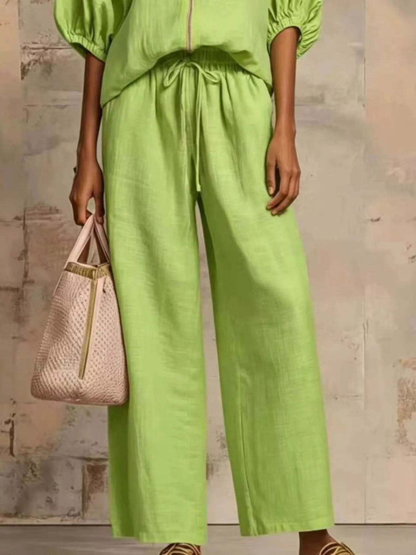 Zip-front top and wide-leg pants set