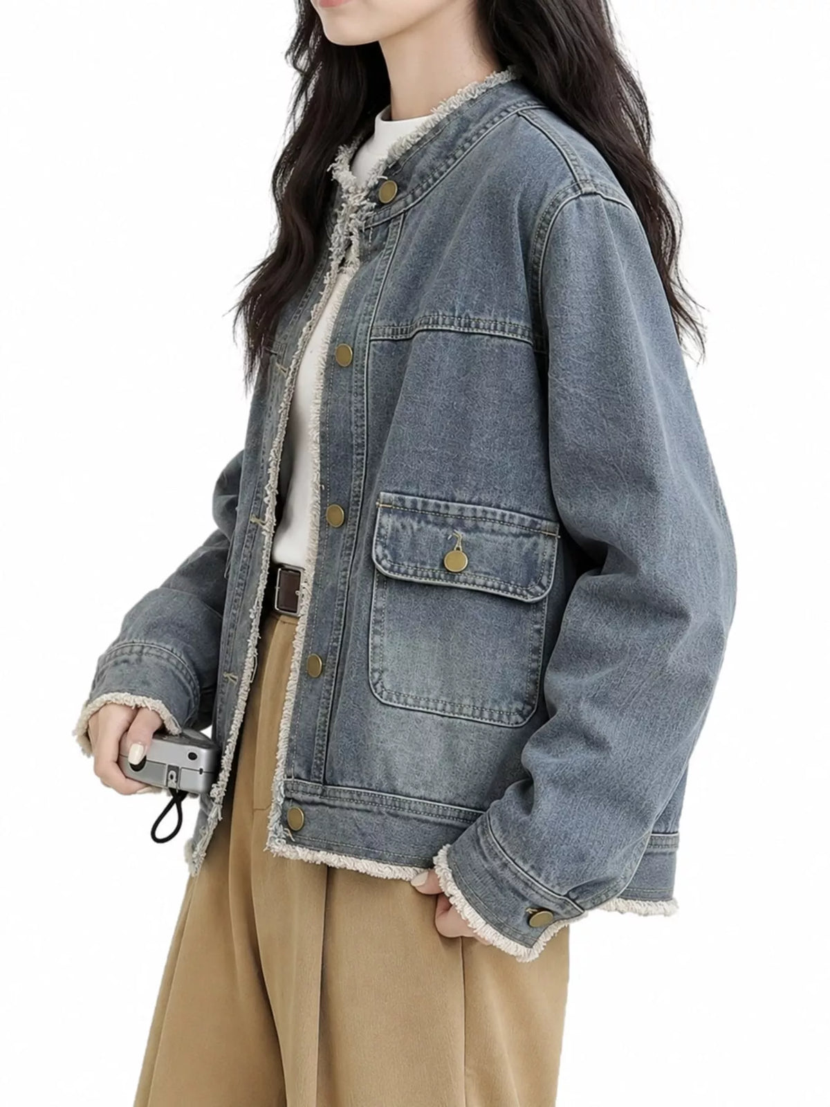 Distressed Frayed-Edge Denim Jacket with Utility Pockets — side view
