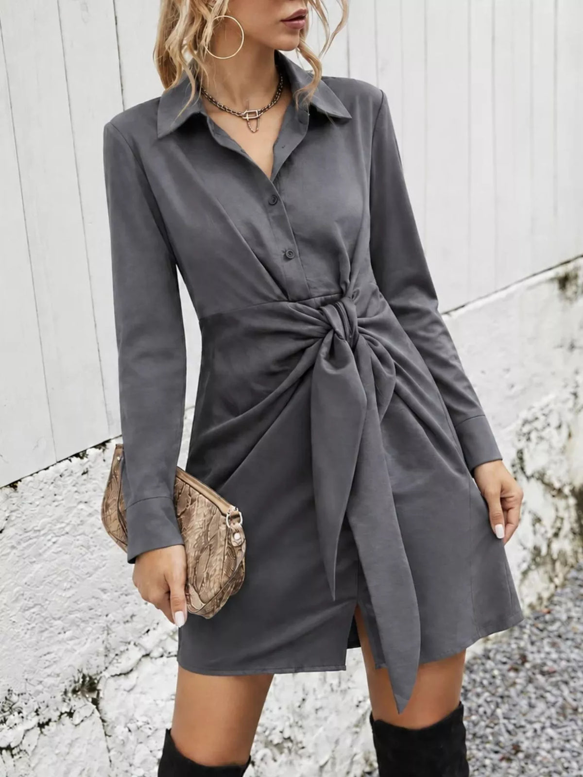 Women's Front-Tie Long Sleeve Shirt Dress in gray — front view