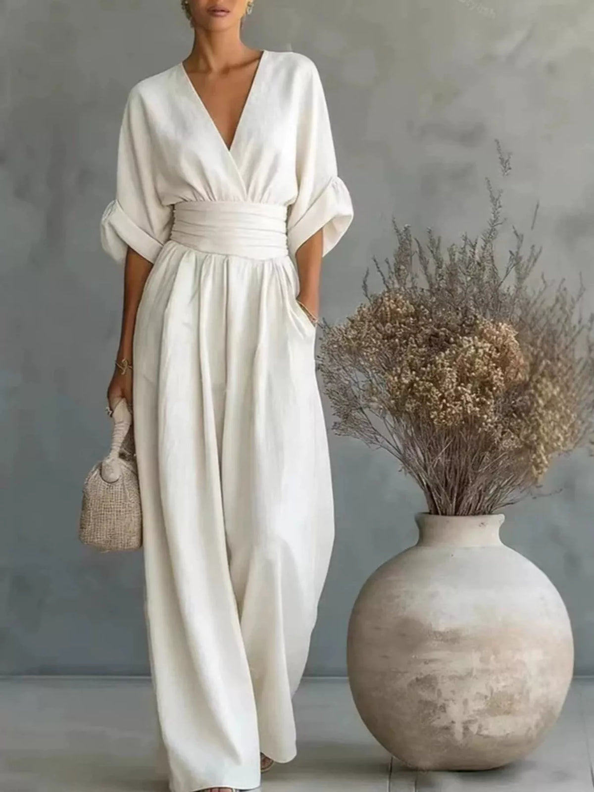 White V-neck wide-leg jumpsuit, front view