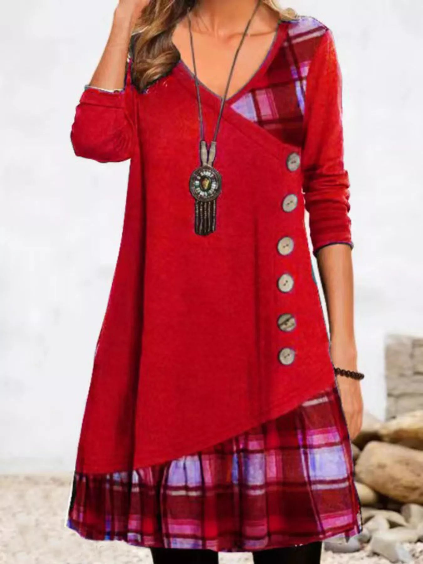 Trendsi Full Size Asymmetrical Plaid Patchwork Long Sleeve Dress Plus Size -