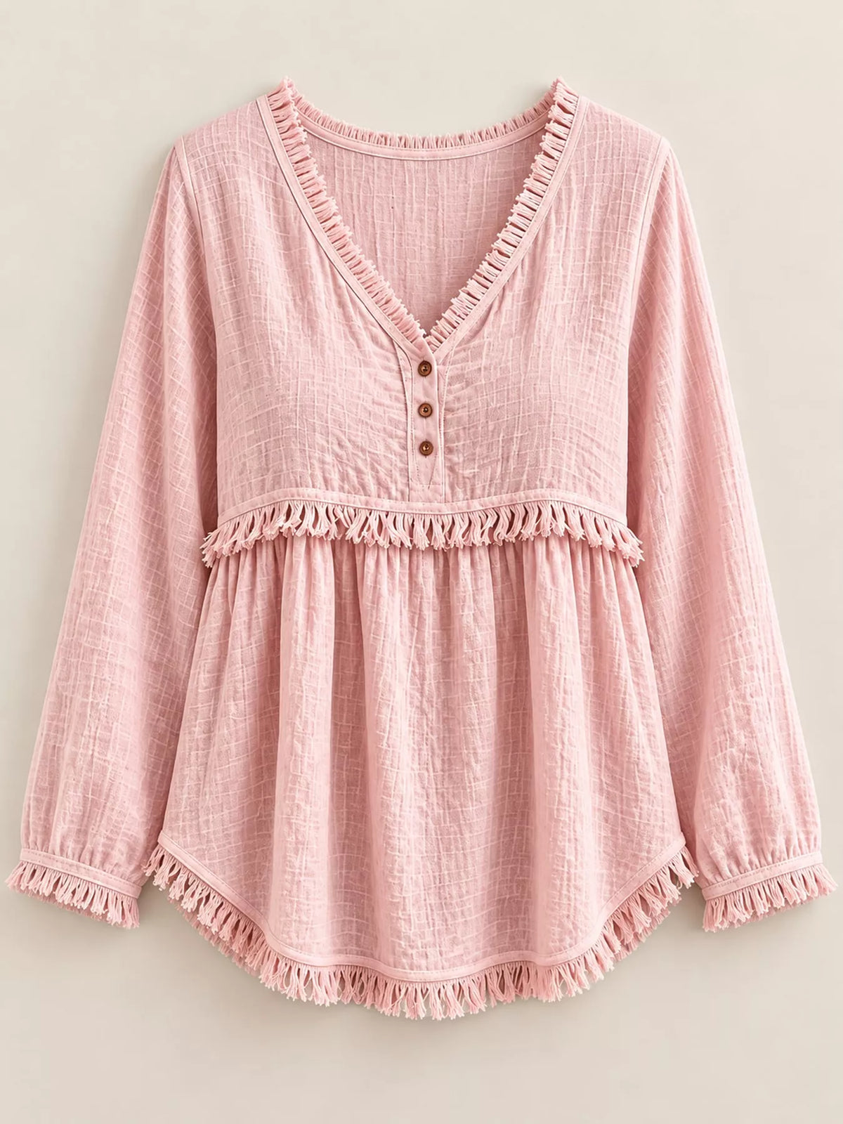 Fringe-trim blouse, blush hanging front
