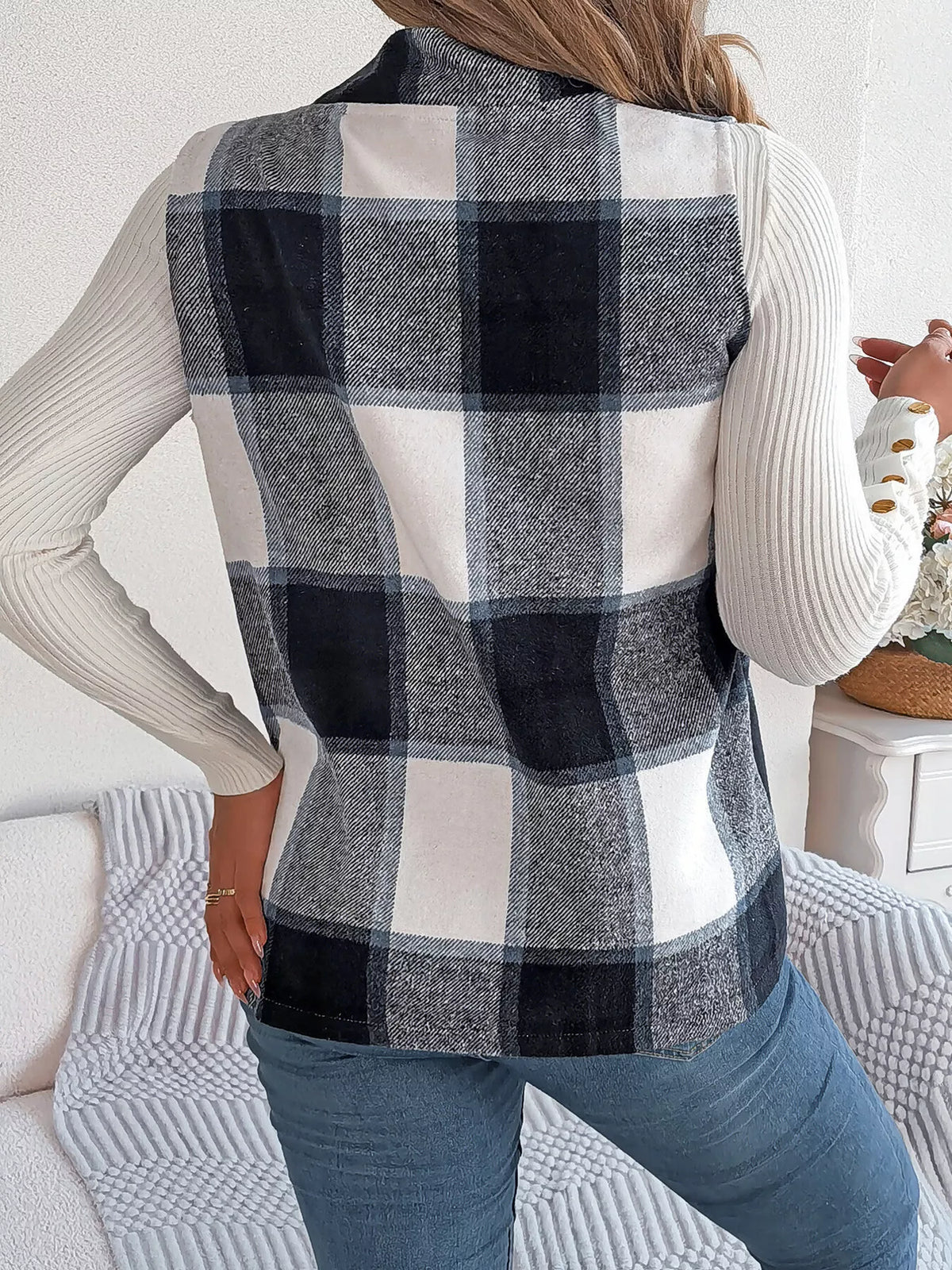 Plaid open front vest, back view