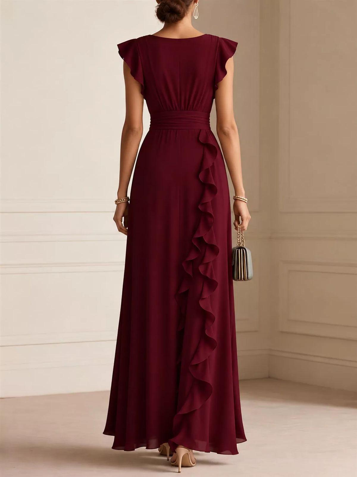 Burgundy ruffled surplice maxi dress, back view
