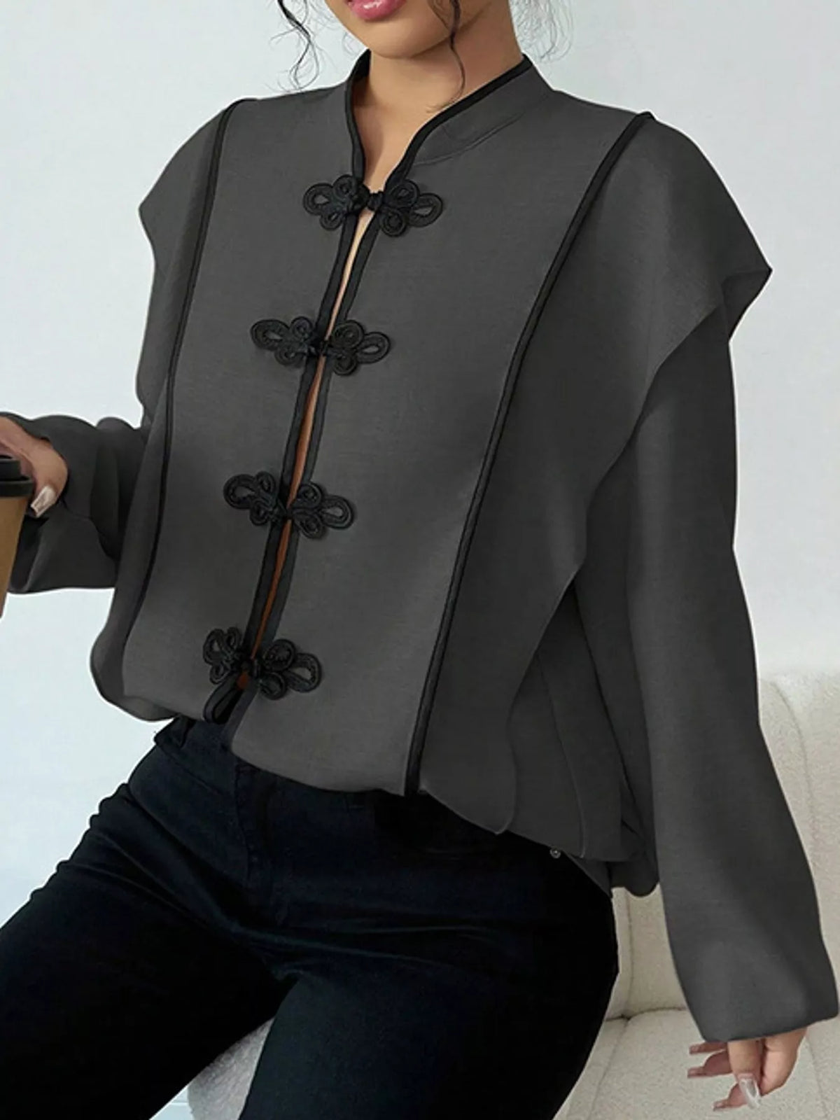 Gray chinese-style mandarin collar blouse