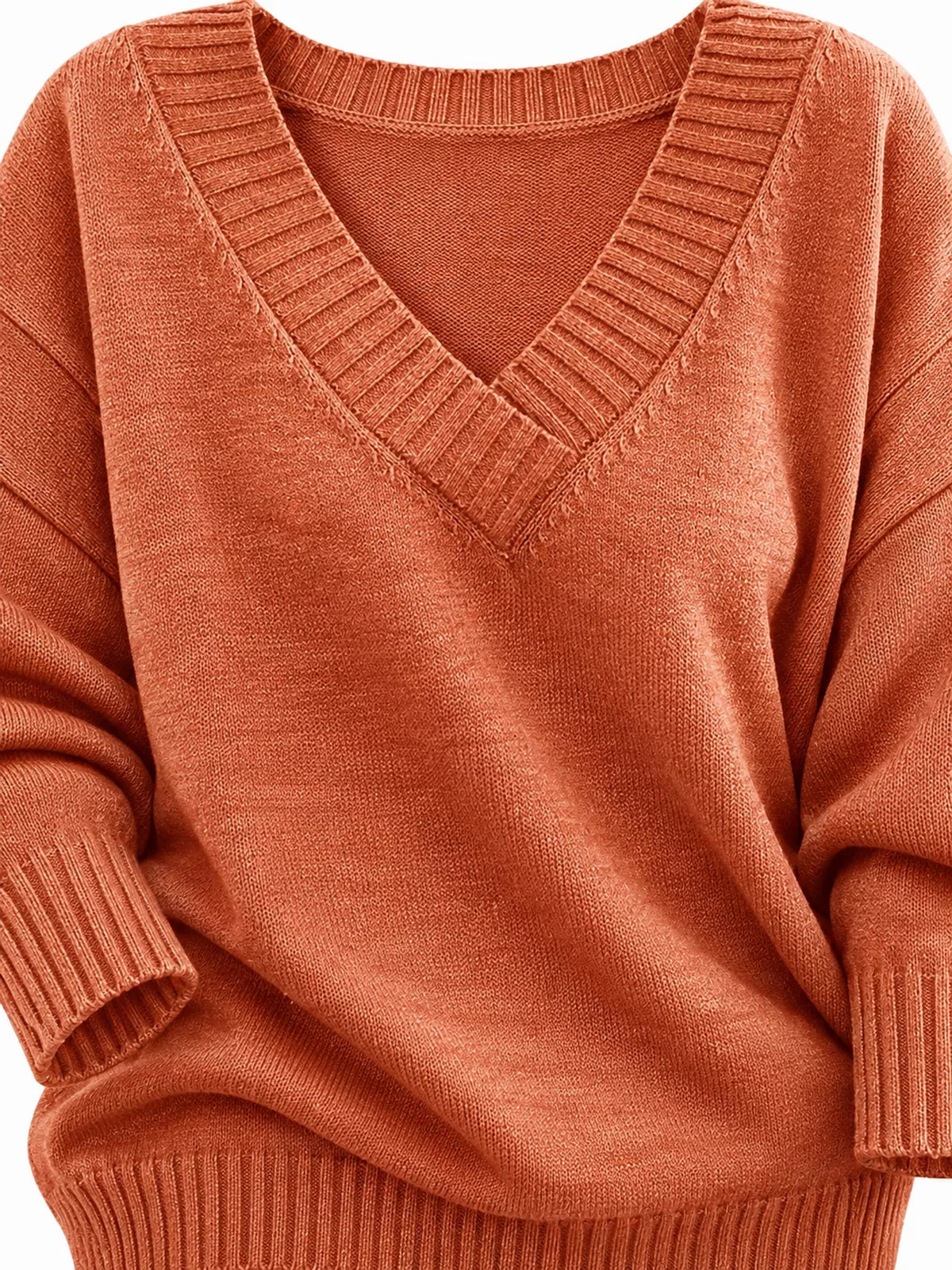 V-neck sweater, rust knit detail