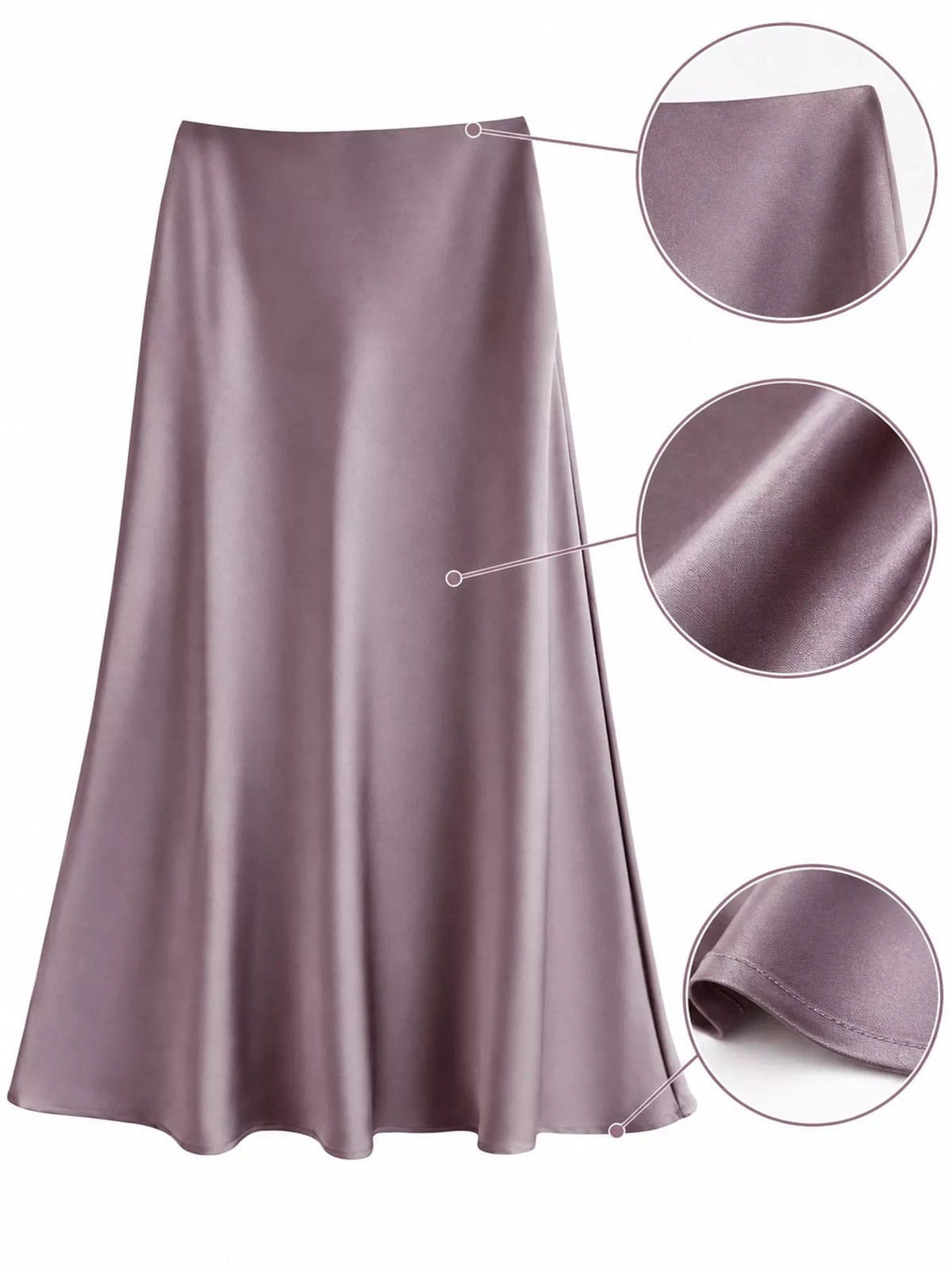 Zip-up satin skirt, mauve waist fabric and hem details