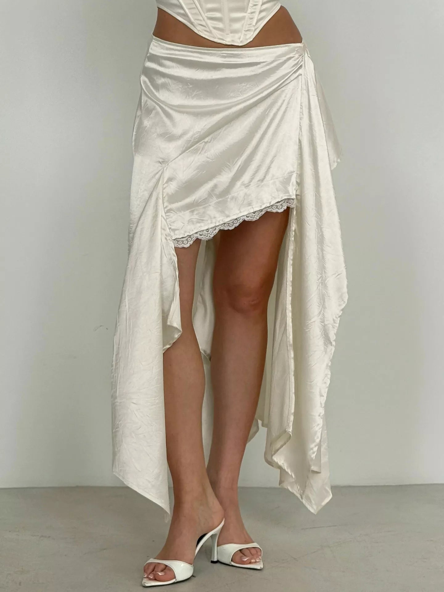 Trendsi Satin High-Low Lace Trim Skirt -