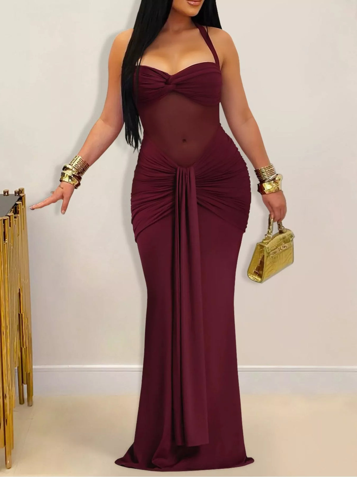 Trendsi Twisted Front Ruched Bodycon Maxi Dress -