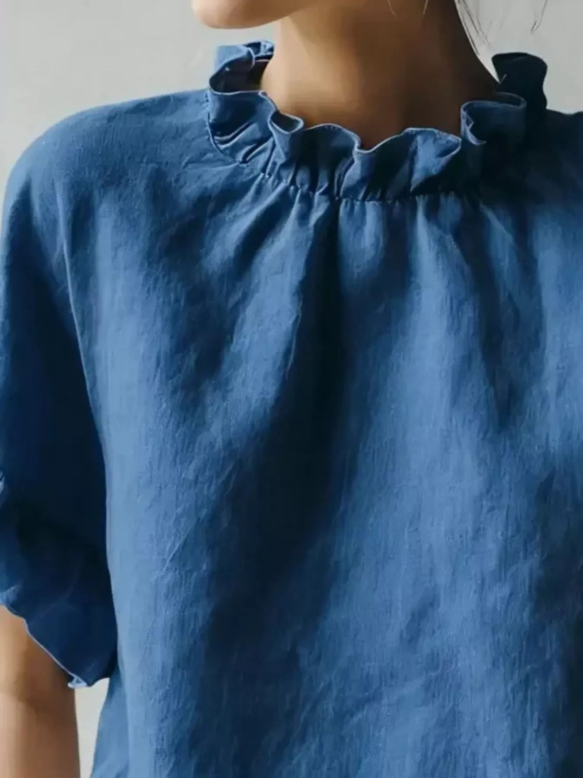 Navy Blue Ruffle-Neck Short Sleeve Blouse, neckline detail