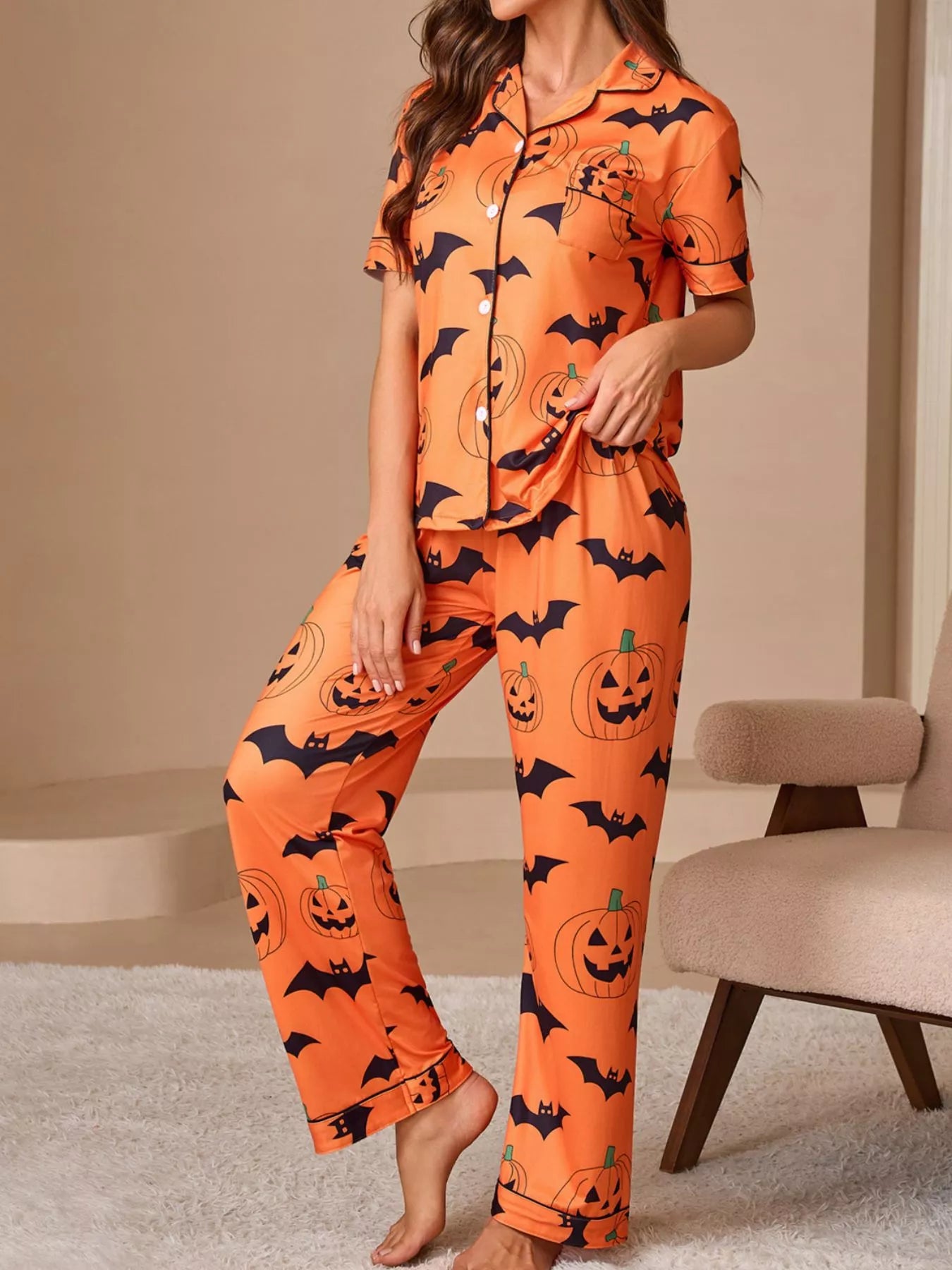Trendsi Halloween Pumpkin and Bat Print Button-Down Top and Pants Lounge Set -