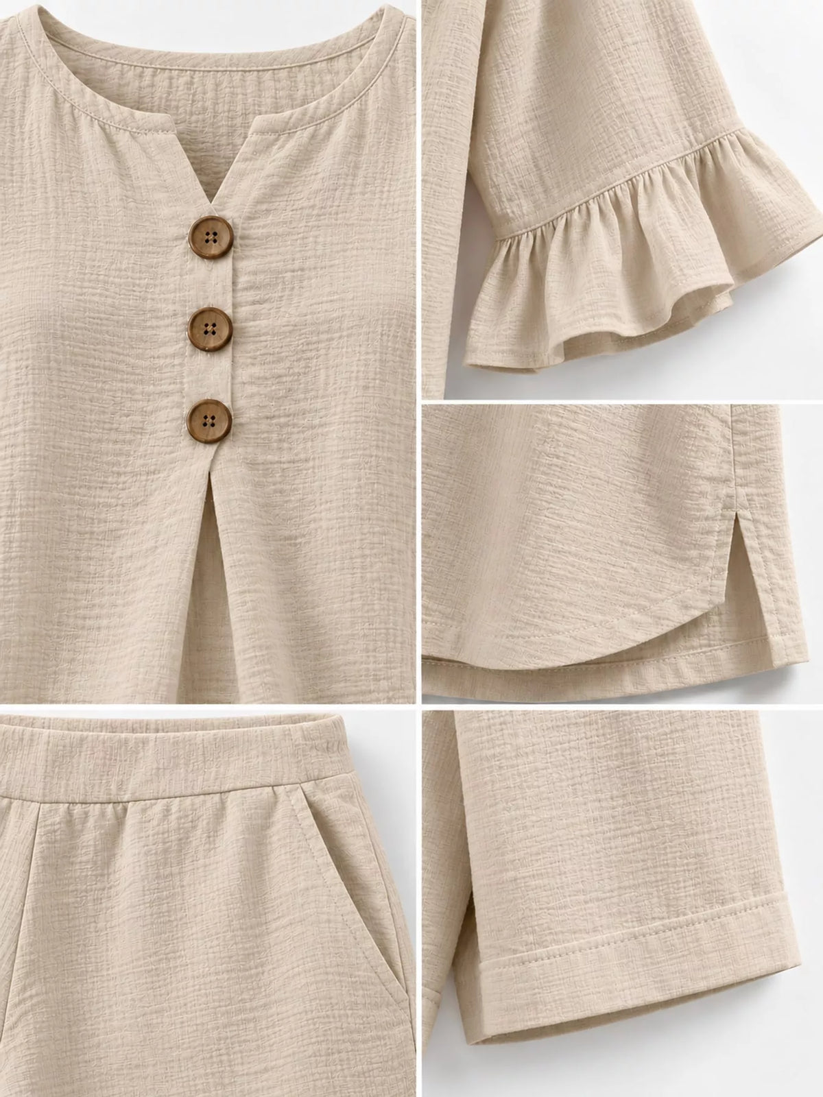 Decorative Button Blouse and Shorts Set, detail view in beige