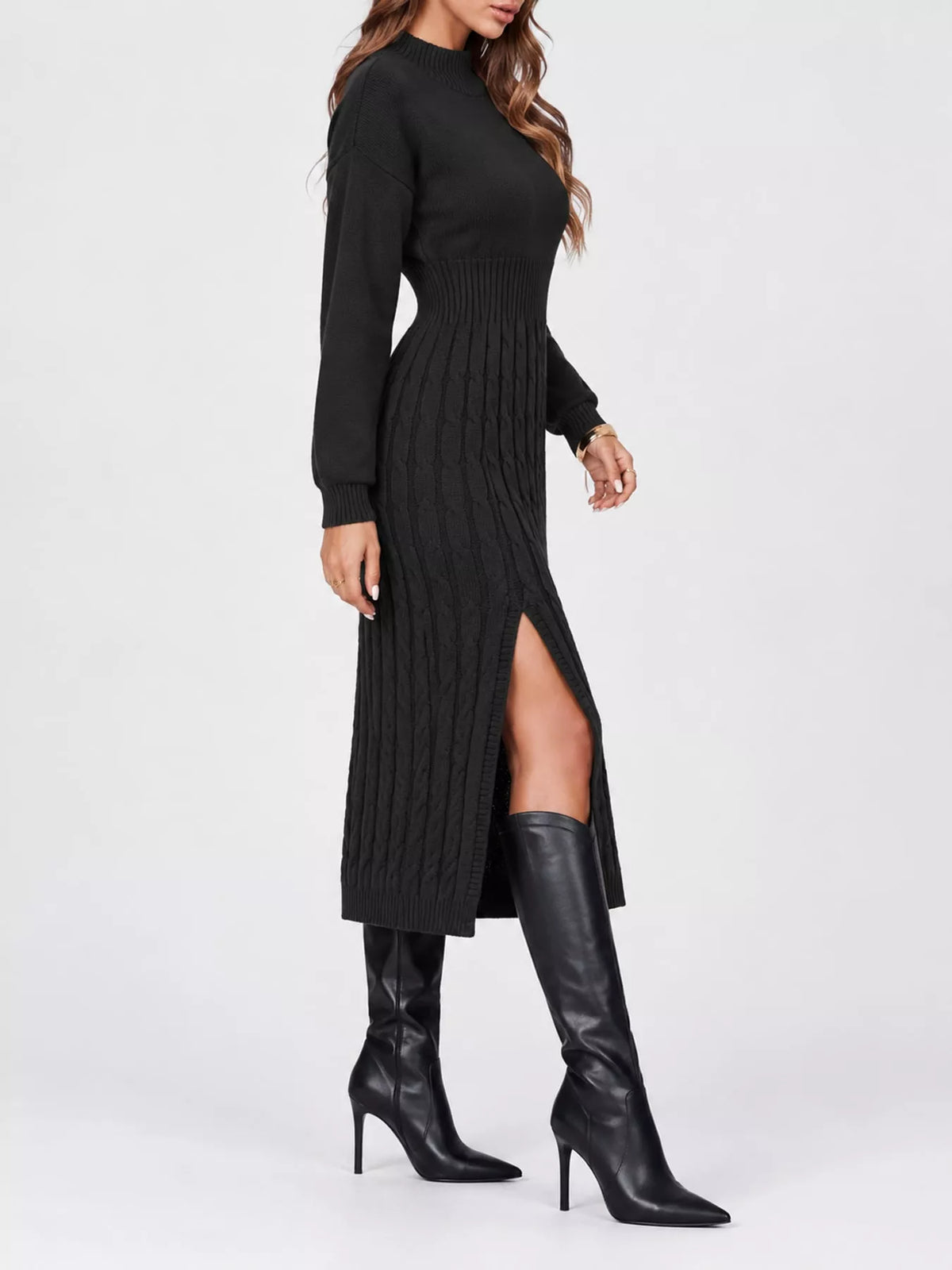 Women's Mock Neck Cable Knit Sweater Dress with Front Slit in black — side view